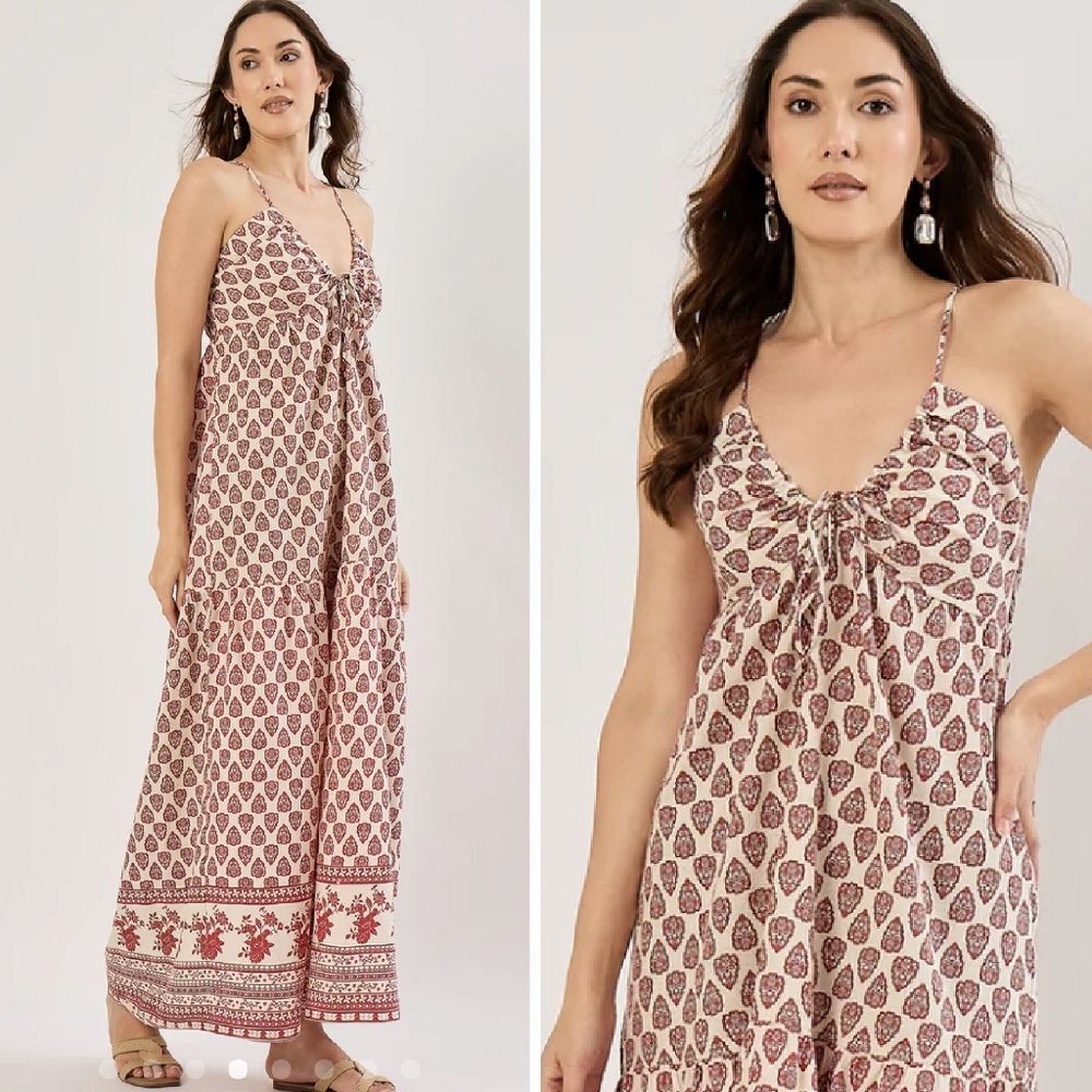 Sim & Sam Natural Rust Border SL Halter V Neck Linen Maxi Dress NWT Medium